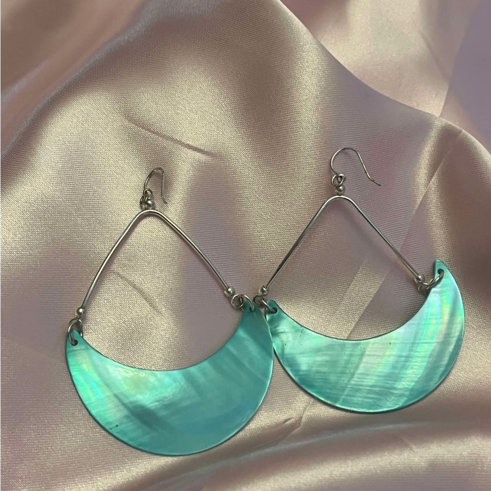 Silver and Turquoise Crescent Hoop Earrings - Women Jewelry